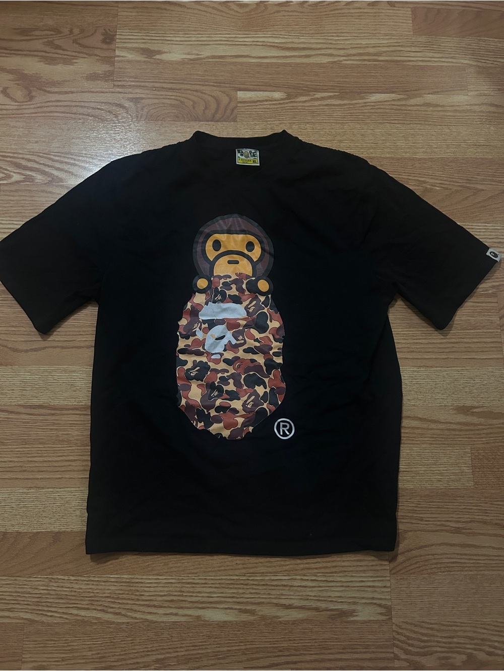 Bape Black Tee with Multicolor Camo Ape Graphic